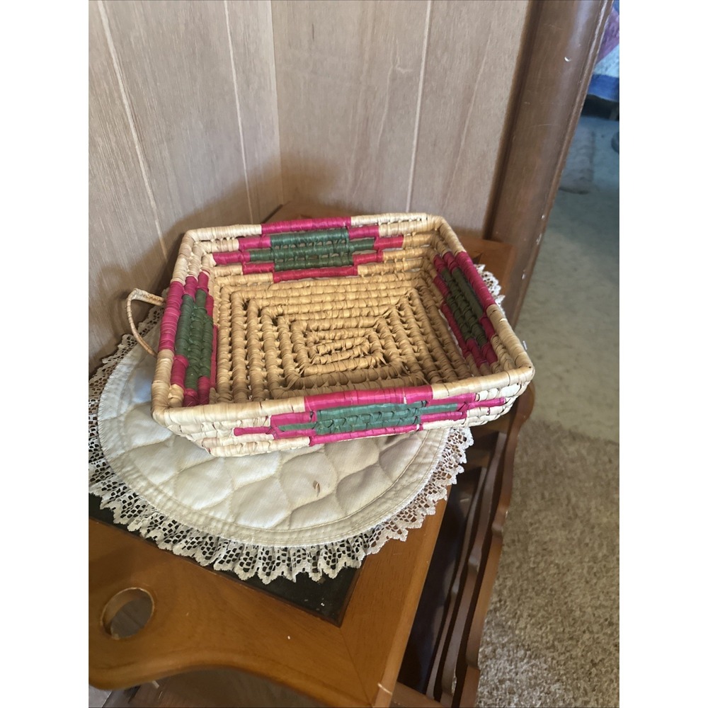 handmade vintage woven grass or palm tray basket